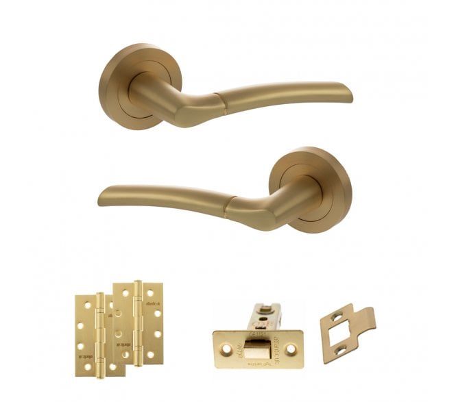 STATUS Indiana Door Handle Latch Pack (4 Slim Knuckle Hinges x2) - Satin Brass