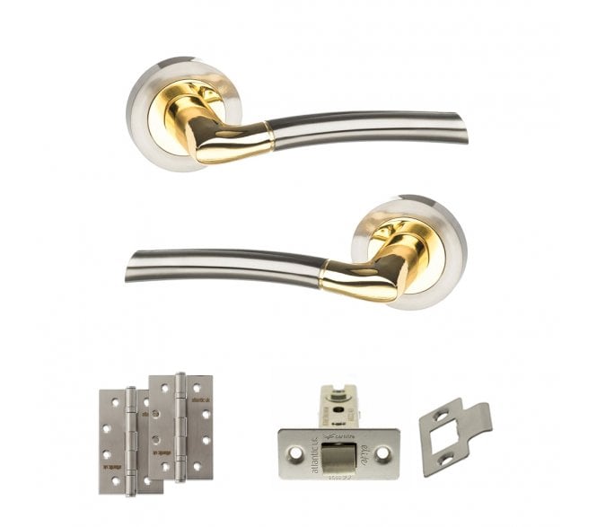 STATUS Indiana Door Handle Latch Pack (4 Slim Knuckle Hinges x2) - Satin Nickel/Polished Brass