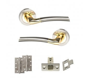 STATUS Indiana Door Handle Latch Pack (4 Slim Knuckle Hinges x2) - Satin Nickel/Polished Brass
