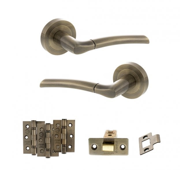 STATUS Indiana Door Handle Latch Pack (3 Ball Bearing Hinges x3) - Antique Brass