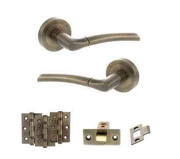 STATUS Indiana Door Handle Latch Pack (3 Ball Bearing Hinges x3) - Antique Brass