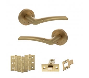 STATUS Indiana Door Handle Latch Pack (3 Ball Bearing Hinges x3) - Satin Brass
