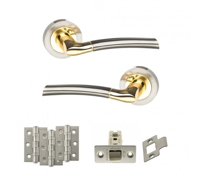 STATUS Indiana Door Handle Latch Pack (3 Ball Bearing Hinges x3) - Satin Nickel/Polished Brass