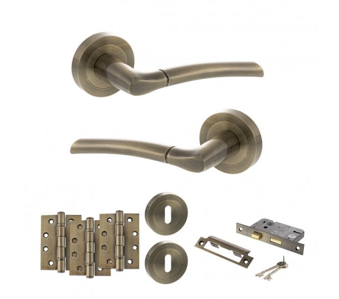 STATUS Indiana Door Handle Lock Pack (4 Fire Rated Hinges x3) - Antique Brass