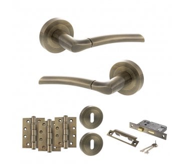 STATUS Indiana Door Handle Lock Pack (4 Fire Rated Hinges x3) - Antique Brass