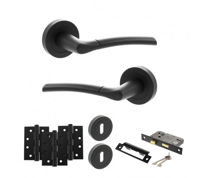 STATUS Indiana Door Handle Lock Pack (4 Fire Rated Hinges x3) - Matt Black