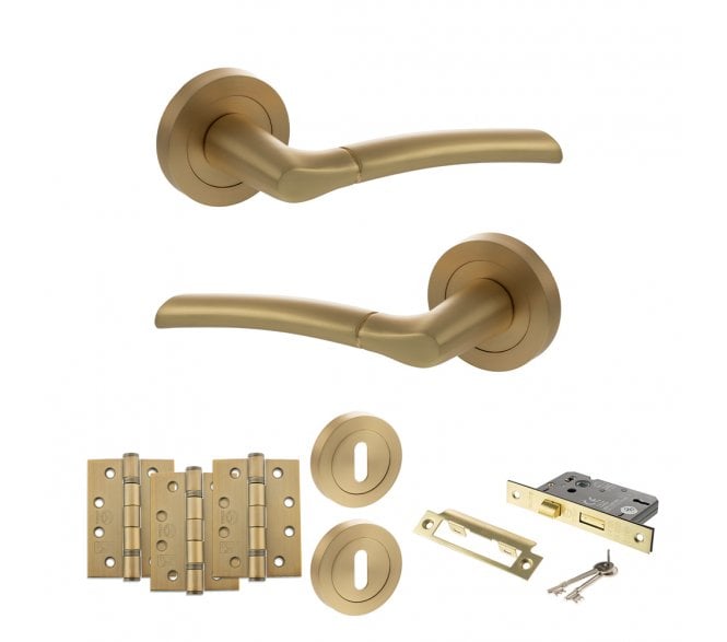 STATUS Indiana Door Handle Lock Pack (4 Fire Rated Hinges x3) - Satin Brass