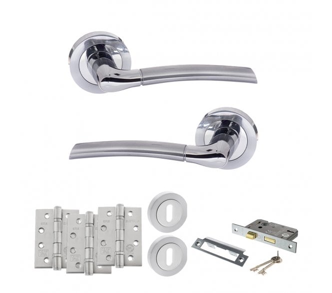 STATUS Indiana Door Handle Lock Pack (4 Fire Rated Hinges x3) - Satin Chrome/Polished Chrome