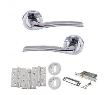 STATUS Indiana Door Handle Lock Pack (4 Fire Rated Hinges x3) - Satin Chrome/Polished Chrome