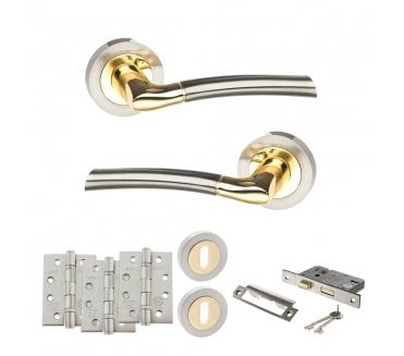 STATUS Indiana Door Handle Lock Pack (4 Fire Rated Hinges x3) - Satin Nickel/Polished Brass