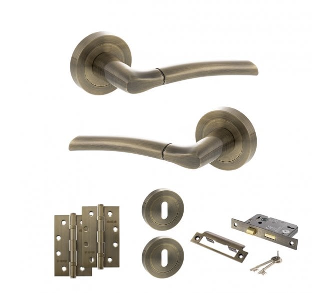 STATUS Indiana Door Handle Lock Pack (4 Slim Knuckle Hinges x2) - Antique Brass