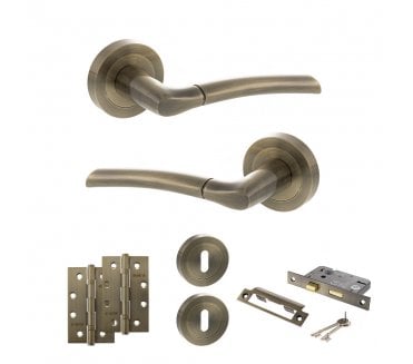 STATUS Indiana Door Handle Lock Pack (4 Slim Knuckle Hinges x2) - Antique Brass