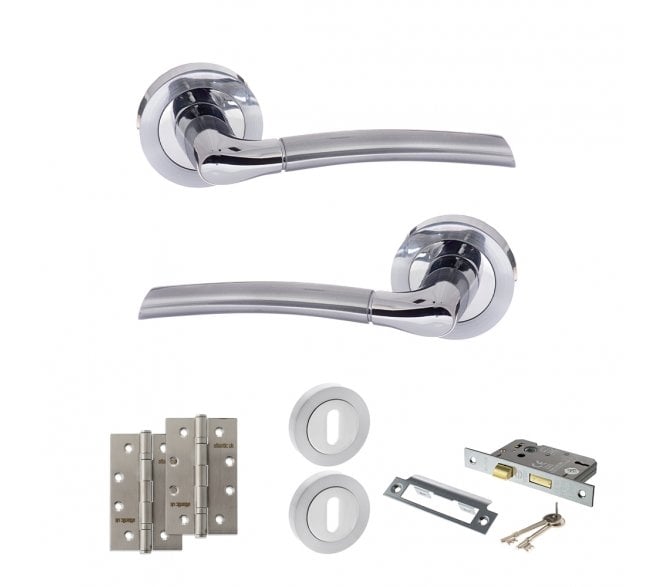 STATUS Indiana Door Handle Lock Pack (4 Slim Knuckle Hinges x2) - Satin Chrome/Polished Chrome