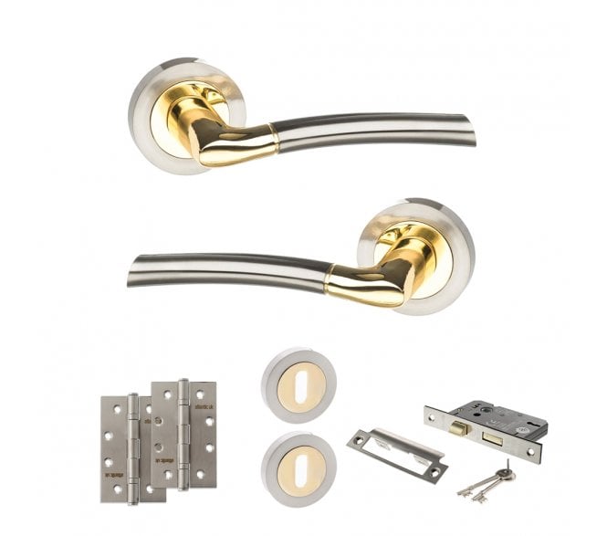 STATUS Indiana Door Handle Lock Pack (4 Slim Knuckle Hinges x2) - Satin Nickel/Polished Brass
