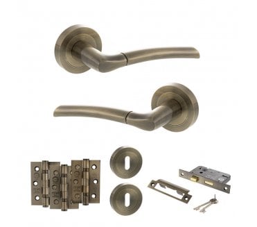 STATUS Indiana Door Handle Lock Pack (3 Ball Bearing Hinges x3) - Antique Brass