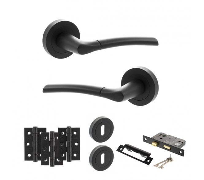 STATUS Indiana Door Handle Lock Pack (3 Ball Bearing Hinges x3) - Matt Black