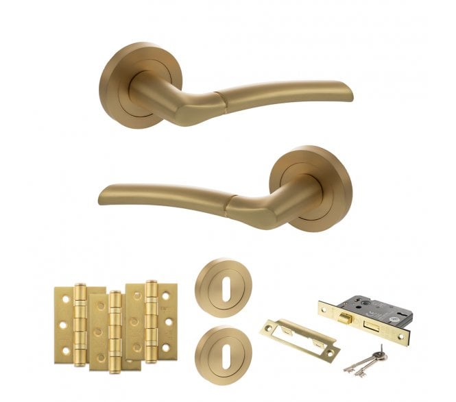 STATUS Indiana Door Handle Lock Pack (3 Ball Bearing Hinges x3) - Satin Brass