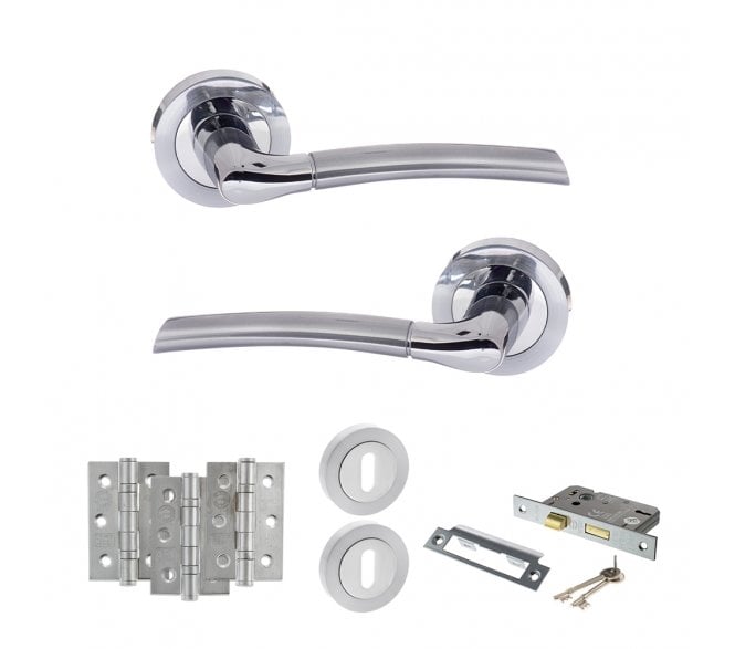 STATUS Indiana Door Handle Lock Pack (3 Ball Bearing Hinges x3) - Satin Chrome/Polished Chrome