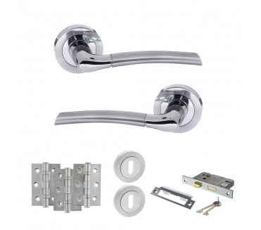STATUS Indiana Door Handle Lock Pack (3 Ball Bearing Hinges x3) - Satin Chrome/Polished Chrome