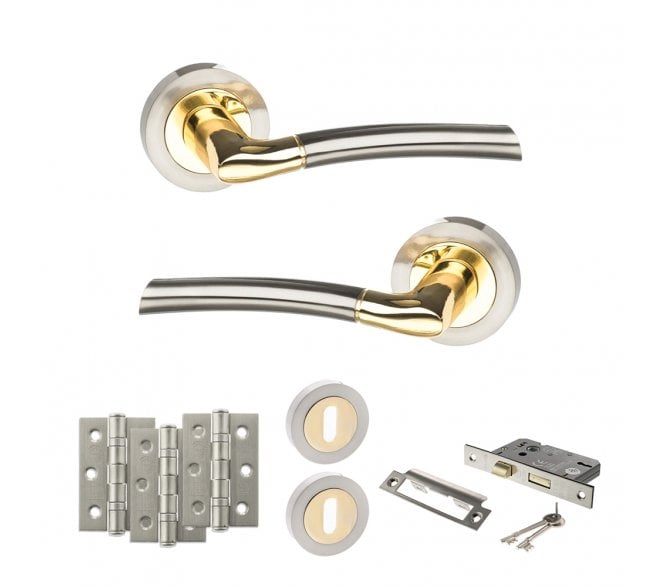 STATUS Indiana Door Handle Lock Pack (3 Ball Bearing Hinges x3) - Satin Nickel/Polished Brass