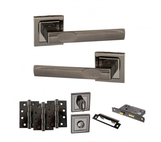STATUS Kansas Door Handle Bathroom Pack (4 Fire Rated Hinges x3) - Black Nickel
