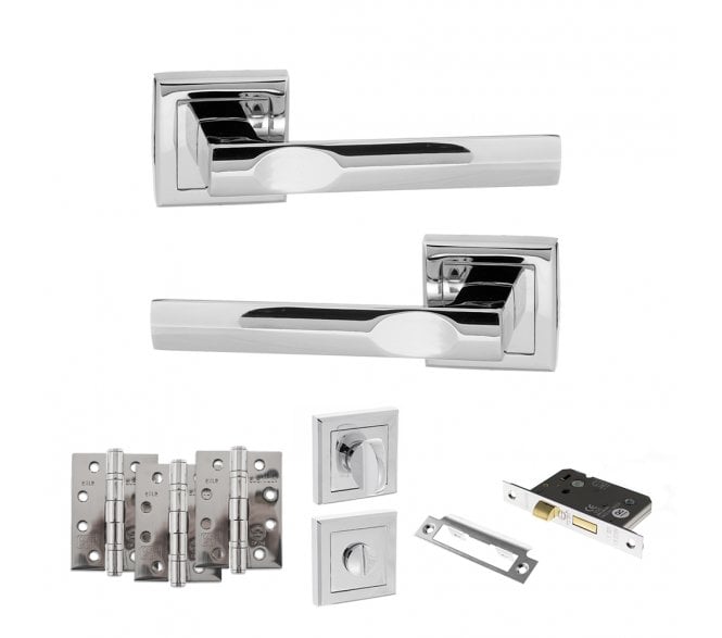 STATUS Kansas Door Handle  Bathroom Pack (4 Fire Rated Hinges x3) - Polished Chrome