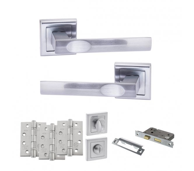 STATUS Kansas Door Handle  Bathroom Pack (4 Fire Rated Hinges x3) - Satin Chrome
