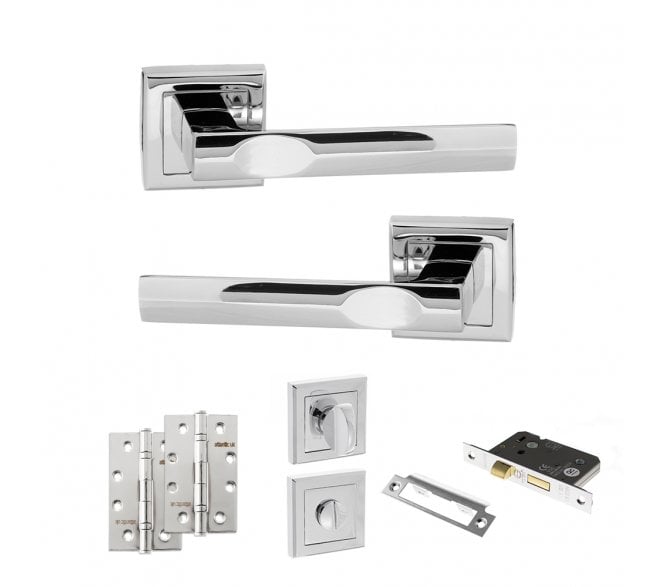STATUS Kansas Door Handle  Bathroom Pack (4 Slim Knuckle Hinges x2) - Polished Chrome