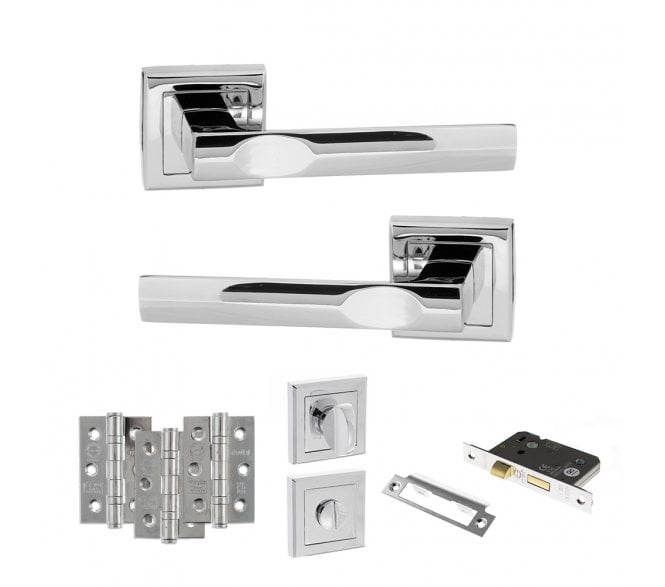 STATUS Kansas Door Handle Bathroom Pack (3 Ball Bearing Hinges x3) - Polished Chrome
