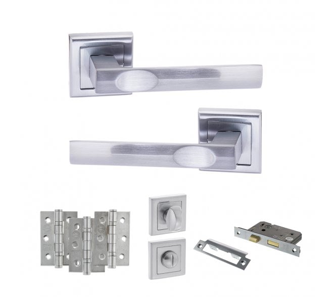 STATUS Kansas Door Handle Bathroom Pack (3 Ball Bearing Hinges x3) - Satin Chrome