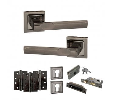 STATUS Kansas Door Handle Euro Profile Lock Pack (4 Fire Rated Hinges x3) - Black Nickel
