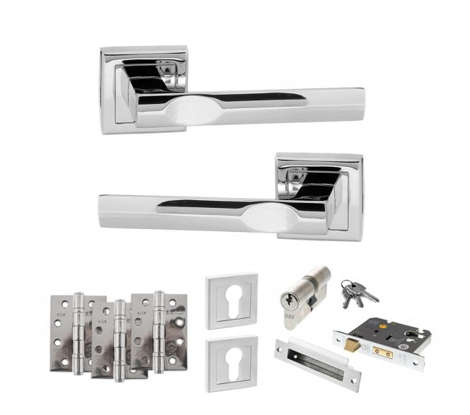 STATUS Kansas Door Handle Euro Profile Lock Pack (4 Fire Rated Hinges x3) - Polished Chrome