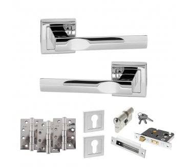 STATUS Kansas Door Handle Euro Profile Lock Pack (4 Fire Rated Hinges x3) - Polished Chrome