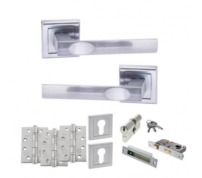 STATUS Kansas Door Handle Euro Profile Lock Pack (4 Fire Rated Hinges x3) - Satin Chrome