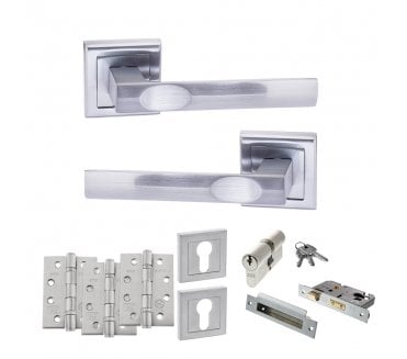 STATUS Kansas Door Handle Euro Profile Lock Pack (4 Fire Rated Hinges x3) - Satin Chrome