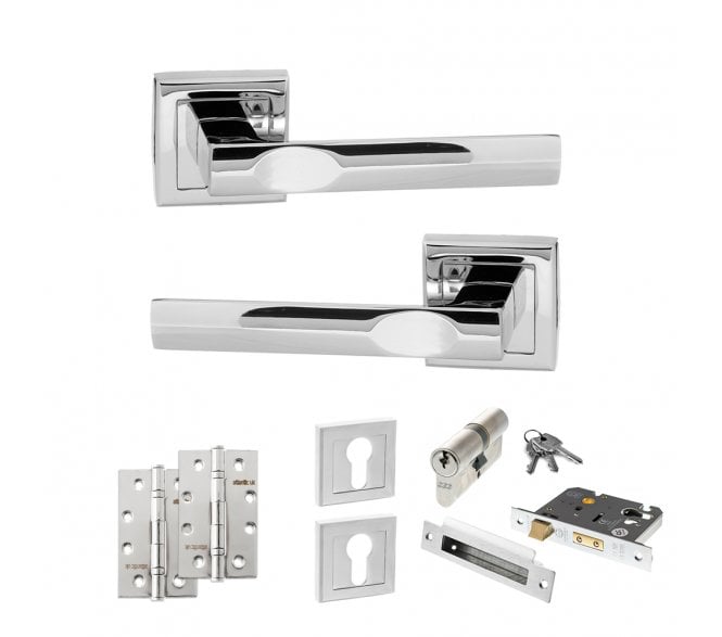 STATUS Kansas Door Handle Euro Profile Lock Pack (4 Slim Knuckle Hinges x2) - Polished Chrome