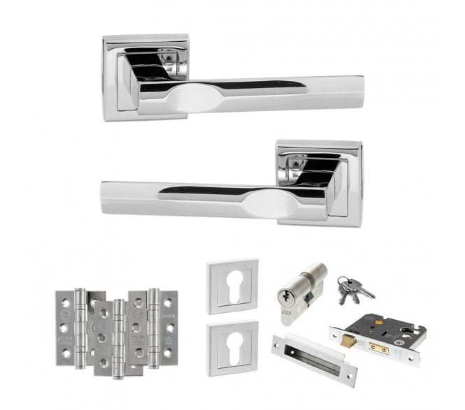 STATUS Kansas Door Handle Euro Profile Lock Pack (3 Ball Bearing Hinges x3) - Polished Chrome