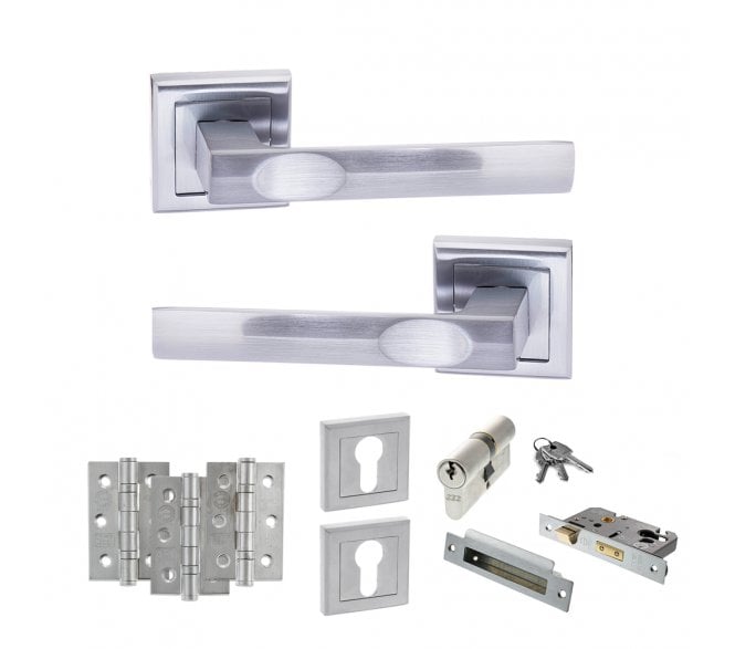 STATUS Kansas Door Handle Euro Profile Lock Pack (3 Ball Bearing Hinges x3) - Satin Chrome
