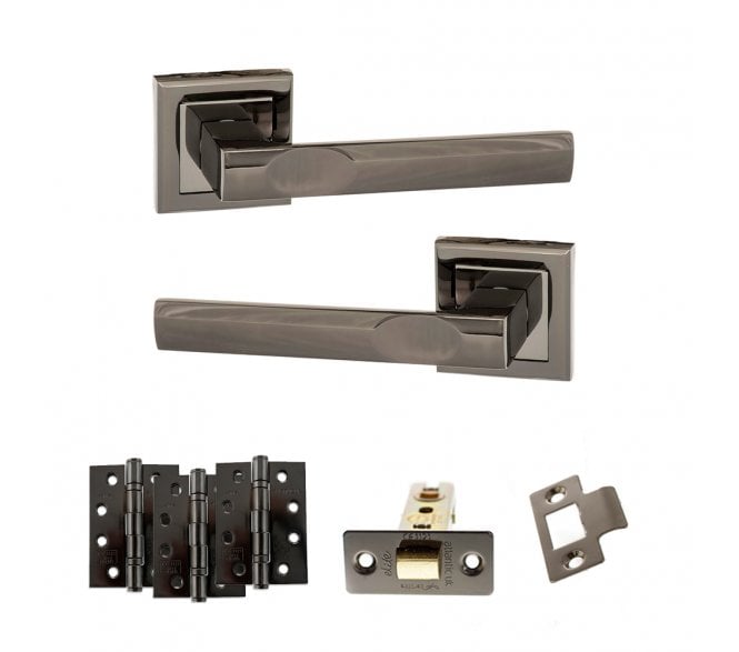 STATUS Kansas Door Handle Latch Pack (4 Fire Rated Hinges x3) - Black Nickel