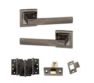 STATUS Kansas Door Handle Latch Pack (4 Fire Rated Hinges x3) - Black Nickel