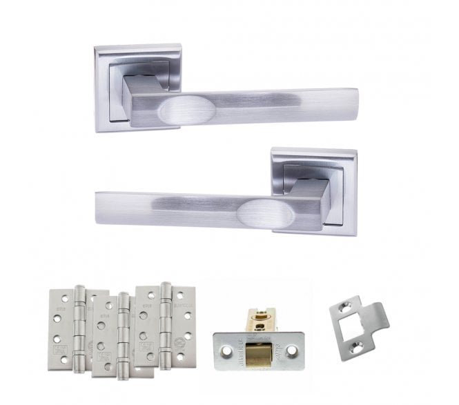 STATUS Kansas Door Handle Latch Pack (4 Fire Rated Hinges x3) - Satin Chrome