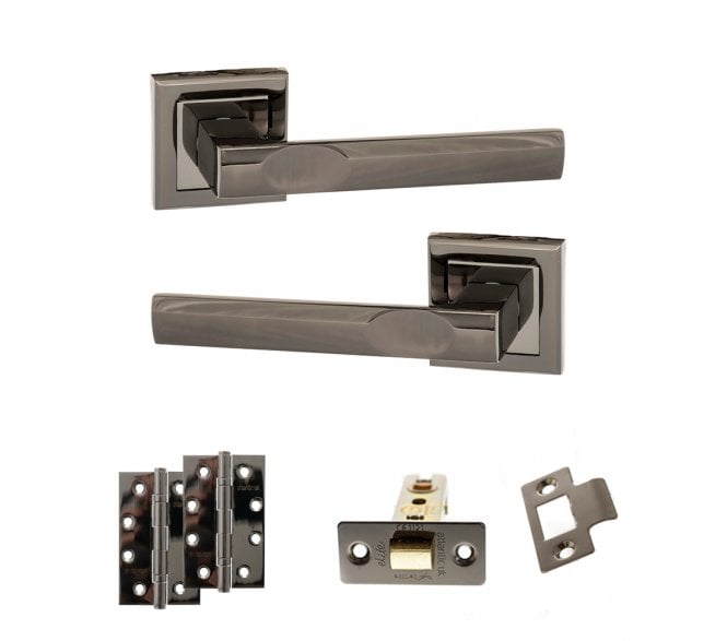 STATUS Kansas Door Handle Latch Pack (4 Fire Slim Knuckle Hinges x2) - Black Nickel
