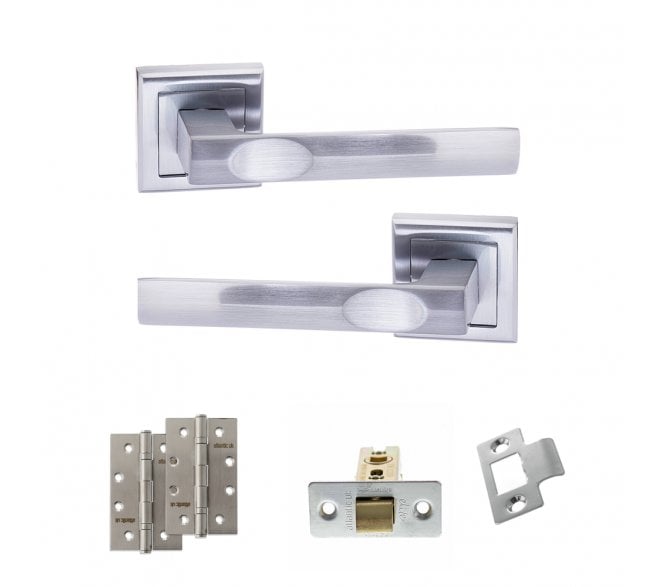 STATUS Kansas Door Handle Latch Pack (4 Fire Slim Knuckle Hinges x2) - Satin Chrome