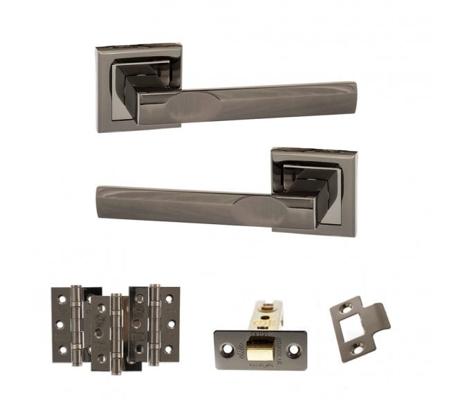 STATUS Kansas Door Handle Latch Pack (3 Ball Bearing Hinges x3) - Black Nickel