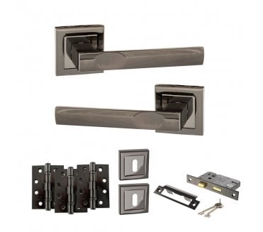 STATUS Kansas Door Handle Lock Pack (4 Fire Rated Hinges x3) - Black Nickel
