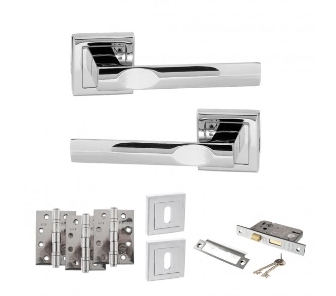 STATUS Kansas Door Handle Lock Pack (4 Fire Rated Hinges x3) - Polished Chrome