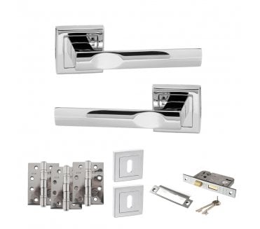 STATUS Kansas Door Handle Lock Pack (4 Fire Rated Hinges x3) - Polished Chrome