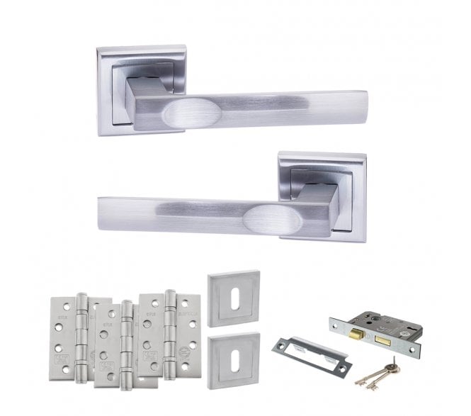 STATUS Kansas Door Handle Lock Pack (4 Fire Rated Hinges x3) - Satin Chrome