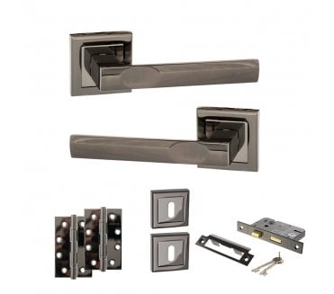 STATUS Kansas Door Handle Lock Pack (4 Slim Knuckle Hinges x2) - Black Nickel