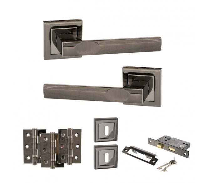 STATUS Kansas Door Handle Lock Pack (3 Ball Bearing Hinges x3) - Black Nickel